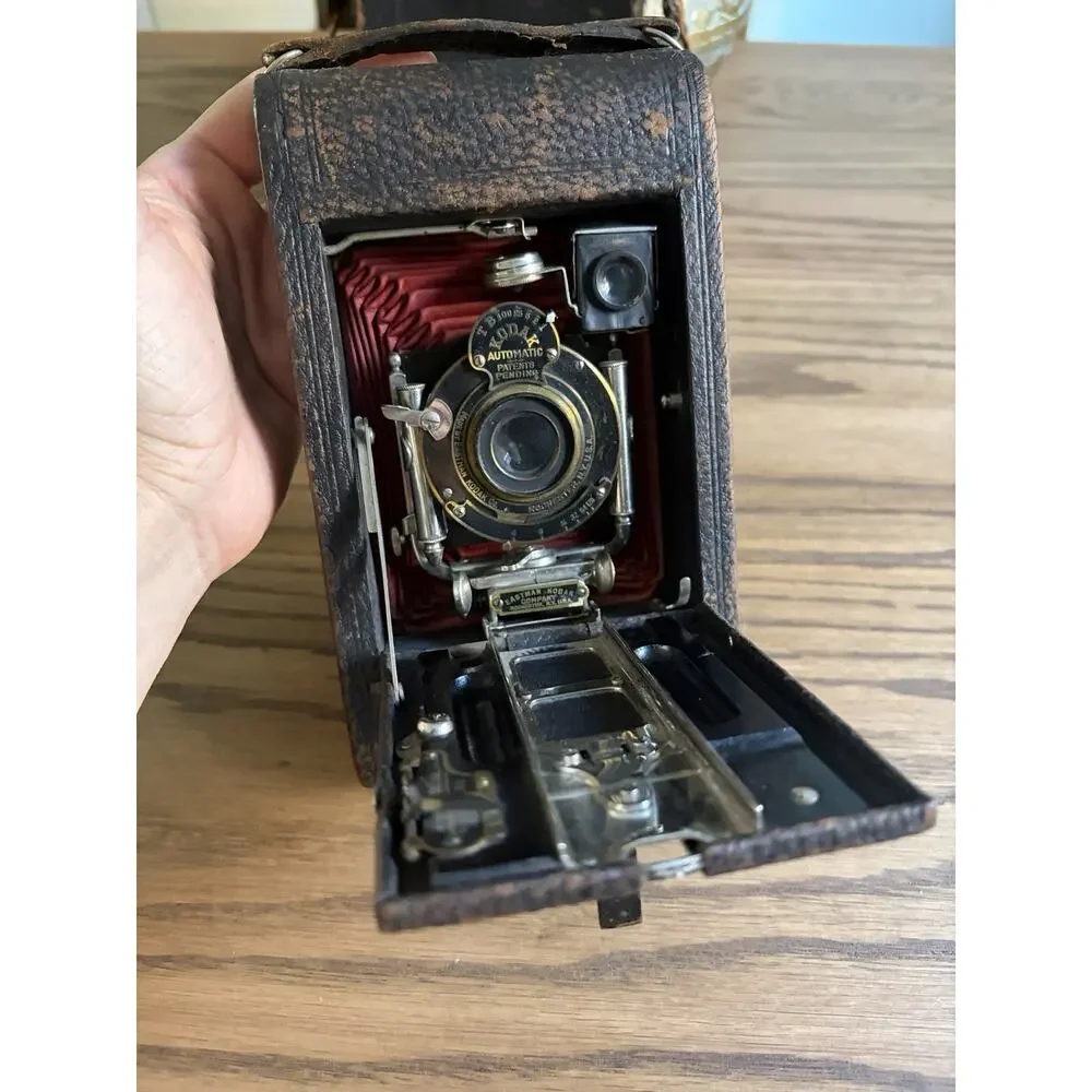 Antique Kodak No. 3 Folding Pocket Camera Model E4 Red Leather Bellows With Case